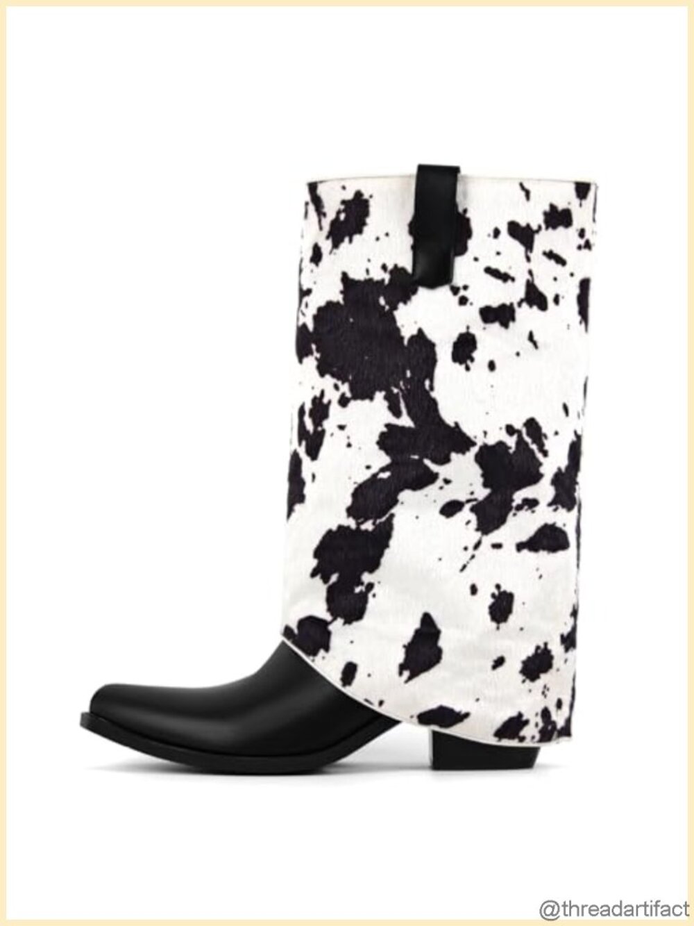 Cow Print Western Boots Mid Calf Pull On Stacked Heel Women's